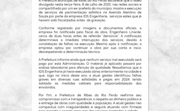 Obra na Avenida Alentino: Prefeitura notifica empresa, interrompe serviço e exige qualidade na execução